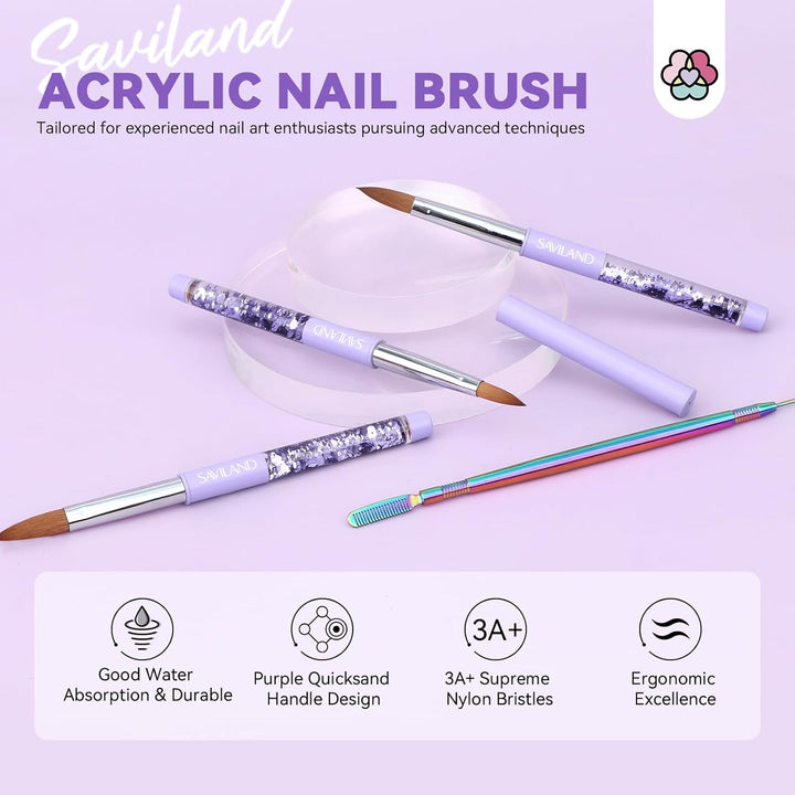 Kolinsky Acrylic Nail Brush Set: Size 6,10,14 Professional Manicure Brushes with Cleaner Tool & Purple Handle for Acrylic Powder,Nail Extensions & 3D Carving - Salon & DIY Nail Art Essentials