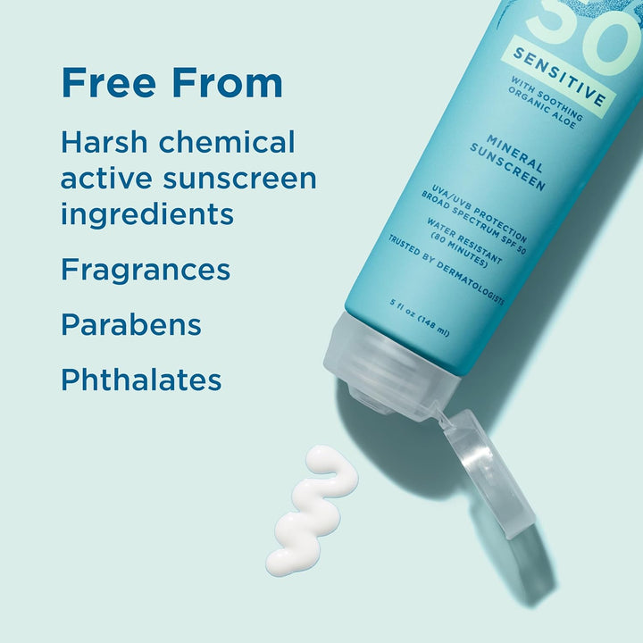 Sensitive Mineral Sunscreen with Zinc Oxide 50+ Water Resistant UVAUVB Protection with Smart Cap Technology Fragrance Free, Sensitve, SPF 50 - - Tube, Unscented, 5 Fl Oz