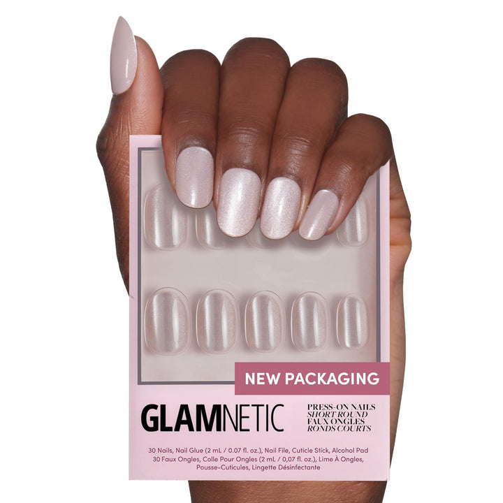 Press on Nails - Madamn | French Tip Nails, UV Finish Short Pointed Almond Shape, Salon Quality Semi-Transparent Nails in 12 Sizes - 24 Nail Kit with Glue