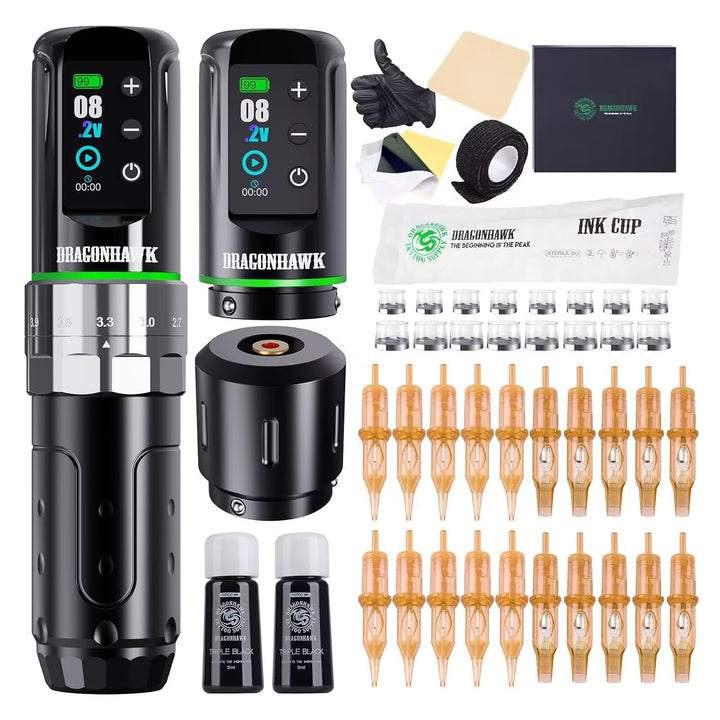 L3 Tattoo Kit, Cordless/Cord Complete Tattoo Gun Kit Pen Machine, 7 Strokes Length, 2 Batteries 2,000Mah Power Supply with Extra Battery Rca Jack Part, Pro Tattoo Needles for Beginner