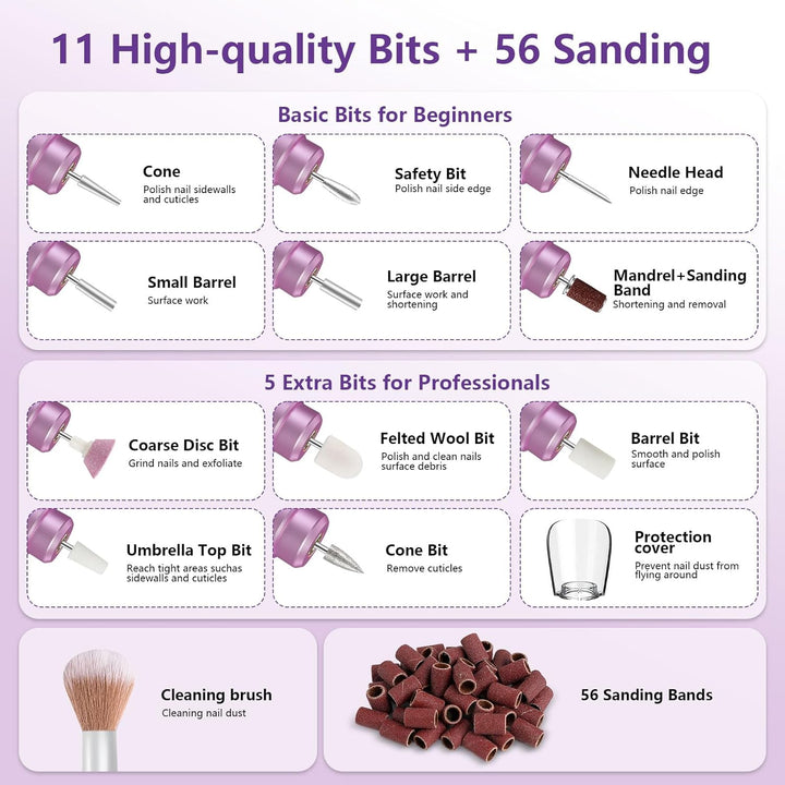 Cordless Nail Drill Electric Nail File Kit Rechargeable Professional Efile Nail Set, Portable Acrylic Gel Nail Polish Remover Machine Pedicure Manicure Tool, 11 Bits 56 Sanding Bands Salon Home
