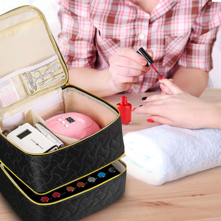 Nail Polish Organizer Case Holds 42 Bottles, Portable Double-Layer Nail Polish Storage Bag with Adjustable Dividers for Manicure Tools, Black