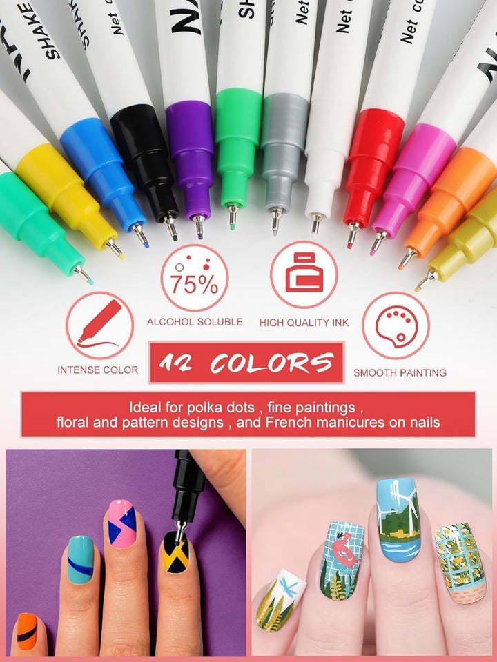 12 Color 3D Nail Art Pens Set,  0.5MM Nail Pens Nail Point Graffiti Dotting Pen Drawing Painting Liner Brush for DIY Nail Art Beauty Adorn Manicure Tools
