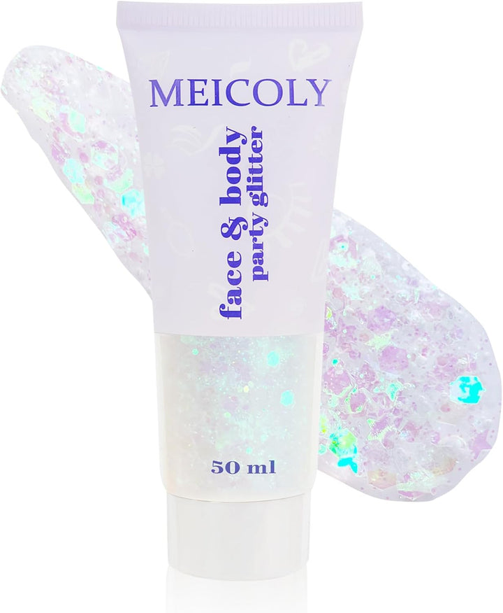 Clear White Body Glitter,Singer Concerts Music Festival Rave Accessories,Mermaid Face Glitter Gel,Sequins Glitter Face Paint,Chunky Hair Sparkling Halloween Glitter Gel for Women,50Ml