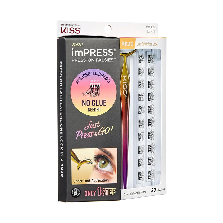 KISS  Falsies Press on Self Adhesive Eyelashes, 12Mm-14Mm Natural Volume Press on Lashes, Black, No Glue Needed, Invisible Band, 20 Lash Clusters & Non-Stick Applicator - Natural