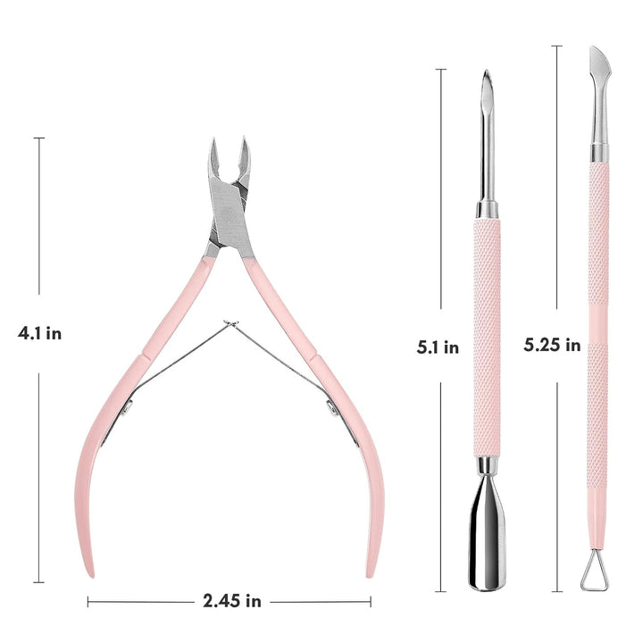 Cuticle Trimmer with Cuticle Pusher, 3 PCS Pink Nail Cuticle Nipper Professional Pedicure Manicure Tools with Stainless Steel Dual End Pusher, Nail Scraper