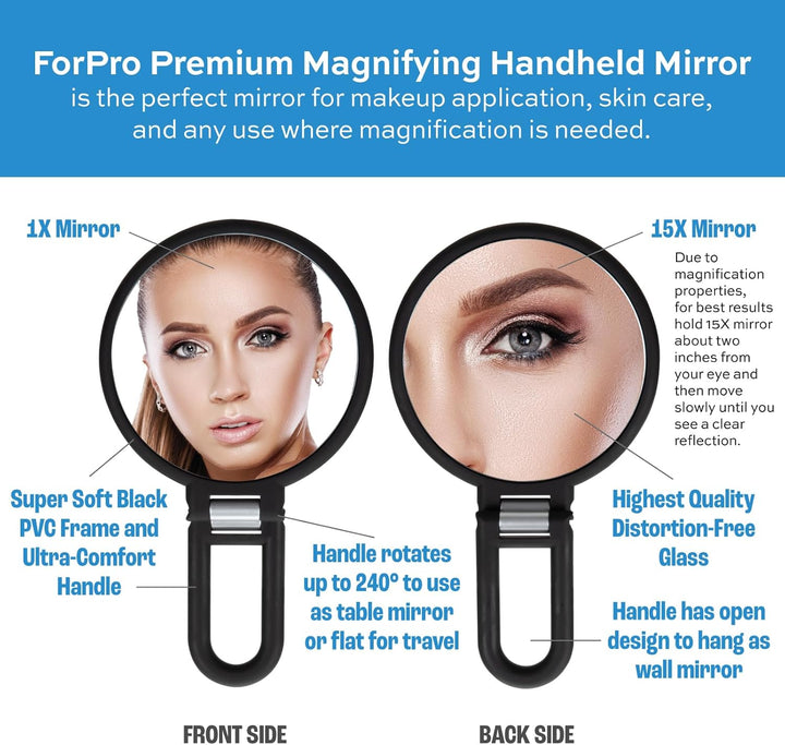 Premium Magnifying Handheld Mirror, 1X/15X Magnification Hand Mirror, Folding Adjustable Handle, for Makeup, Travel, Black