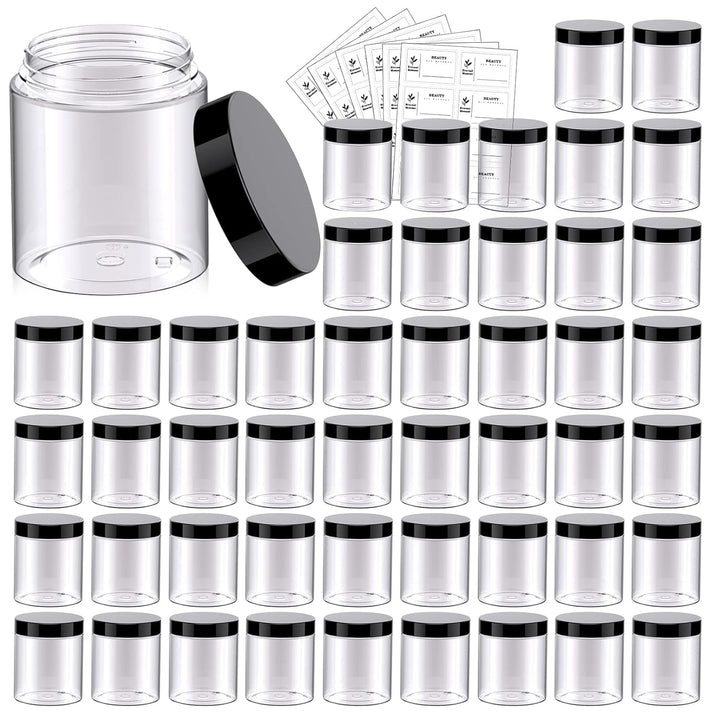 50 Pack 4 OZ Plastic Jars round Clear Cosmetic Container with Black Lids,  Slime Jars for Lotion, Cream, Ointments, Makeup, Eye Shadow, Rhinestone, Samples, Pot, Travel Storage