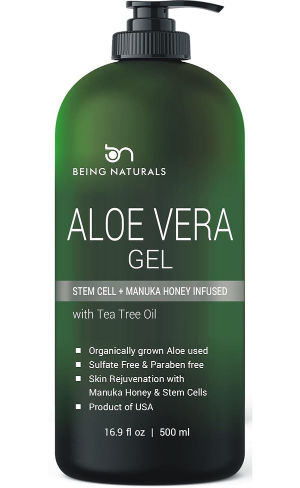 Aloe Vera Gel - from 100% Pure Organic Aloe Infused with Manuka Honey, Stem Cell, Tea Tree Oil - Natural Raw Moisturizer for Face, Body, Hair. Perfect for Sunburn, Acne, Razor Bumps 16.9 Fl Oz