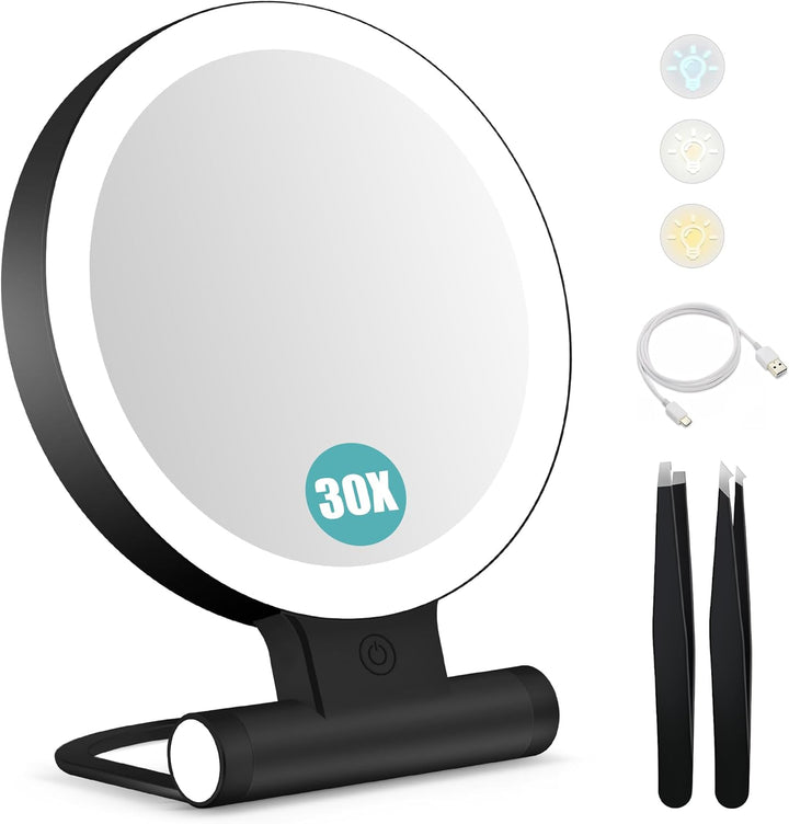 Magnifying Mirror with Light 30X, Double-Sided 1X/ 30X Magnifying Makeup Mirror with Tweezer, 2000Mah 3 Colour Modes with Adjustable Brightness,Foldable Travel Mirror(9" L X 7" W)