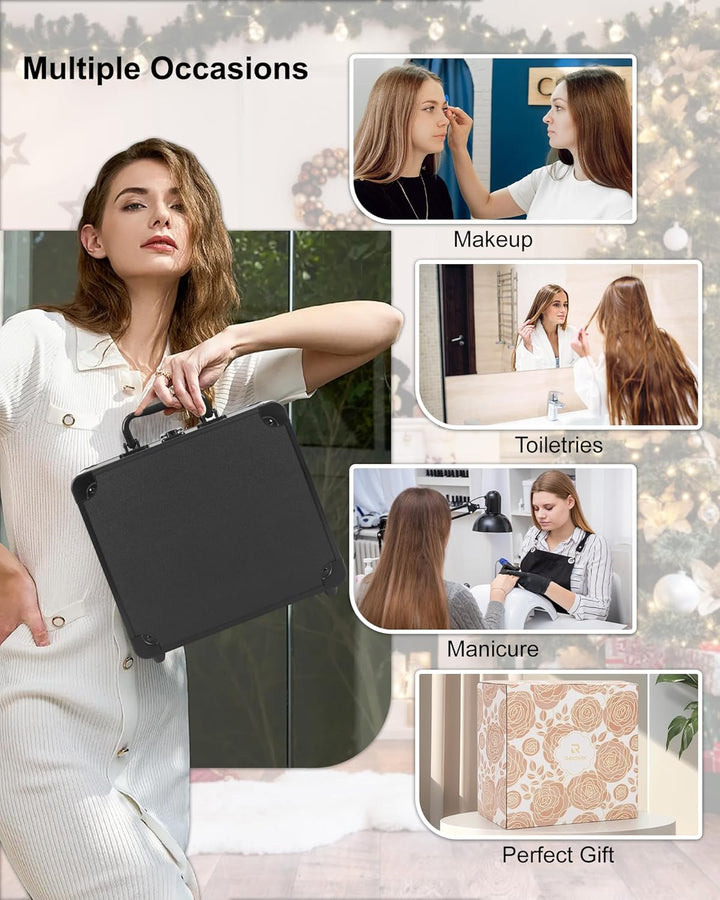 Makeup Bag with LED Mirror, Makeup Box Travel Train Case with Rechargeable Lighted Mirror & Adjustable Dividers, Cosmetic Brush Organizer Storage for Makeup Artists Gifts for Women and Girls