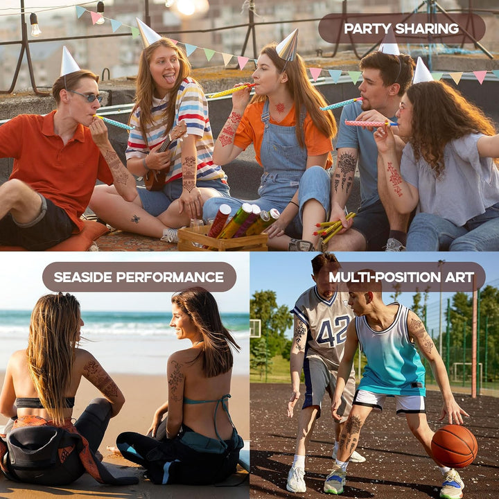 Temporary Tattoo Stencil Kit 10 Sheets, 6 Pcs Tattoo Cones 3 Color (Black/Brown/Cherry Red) with Brush/Cotton Swabstool, India Art Skin Painting Designs for Women Men Kids DIY Gifts