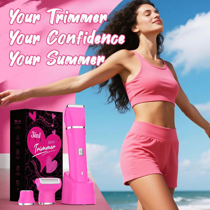 Electric Razors for Women - IPX7 Waterproof Pubic Hair Remover for Shower & Travel, 3-In-1 Bikini Trimmer with Body/Round/Curved Heads, Hypoallergenic Foil & Ceramic Blades, Self-Care Gifts for Her