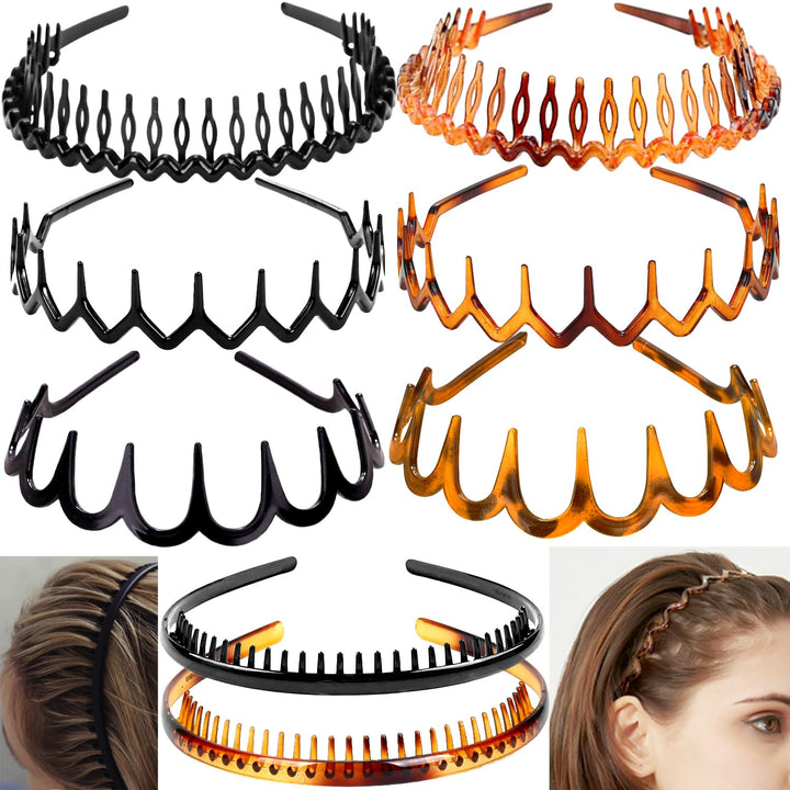8 PCS Fashion No Slip Effortless Plastic Headbands with Teeth Comb Black Skinny Hair Accessories Bands for Women Men Teen Girls, Matte Black