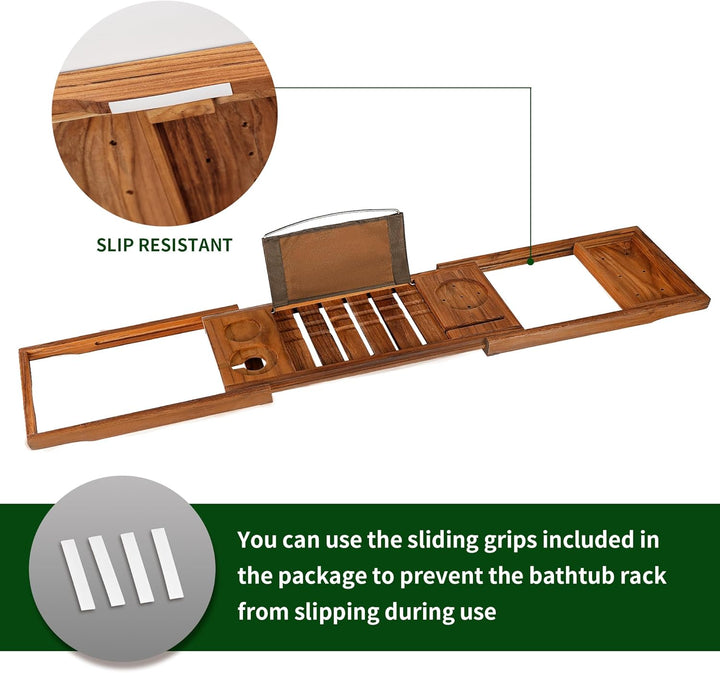 Premium Teak Bathtub Tray, Expandable Wooden Bath Tray for Tub, Luxury Bathtub & Bathroom Accessories, Great House Warming, Anniversary & Wedding and Birthday Gifts (Free Teak Body Brush)