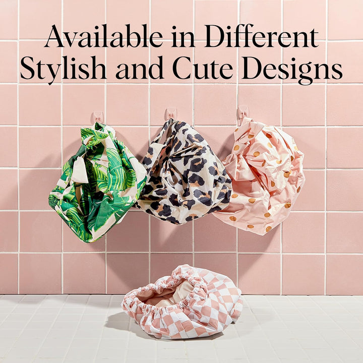 Luxury Shower Caps for Women Reusable Waterproof - Flexi Satin Lined, Large Wide Shower Cap for Women & Men, Adjustable, Stylish Hair Cap for Shower, for Long & Short Hair - Terracotta Checker