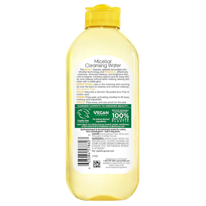 Micellar Water with Vitamin C, Facial Cleanser & Makeup Remover, Brightening & Hydrating, for All Skin Types, Vegan, Cruelty Free, 13.5 Fl Oz (400Ml), 1 Count