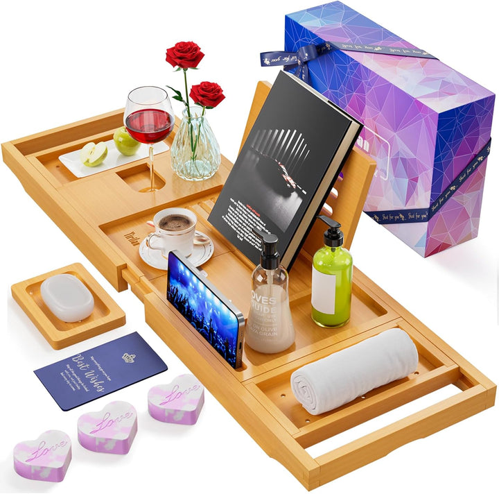 Foldable Bathtub Caddy, Expandable Bath Tray, Unique House Warming Gifts, New Home, Anniversary and Wedding Gifts for Couple, Black-New