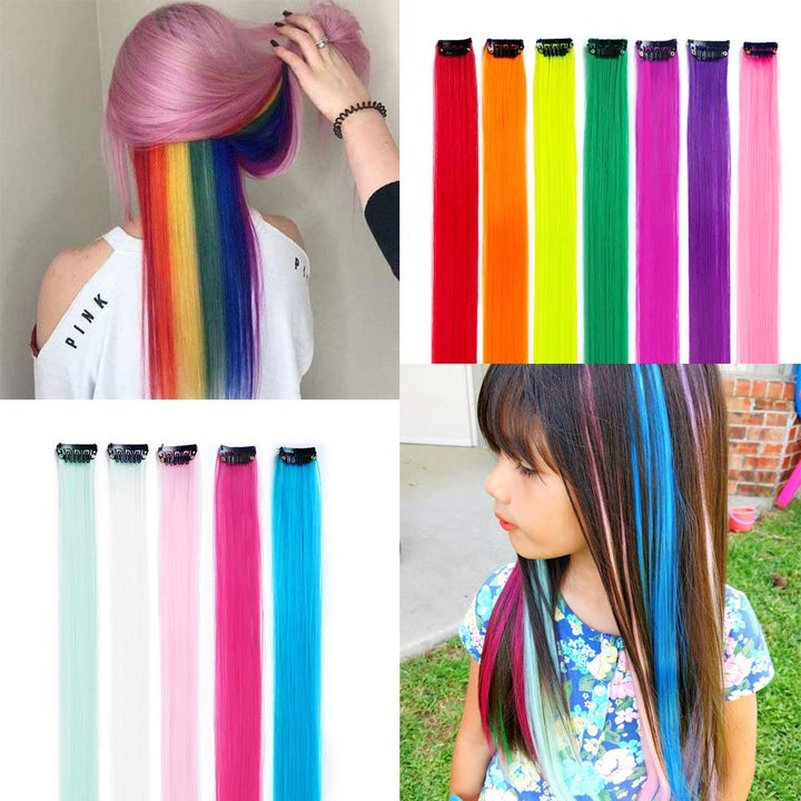32Packs Colored Hair Extensions 20Inch Straight Color Clip in on Hair Extension Rainbow Party Highlights Synthetic Hairpiece for Girls (16 Colors)