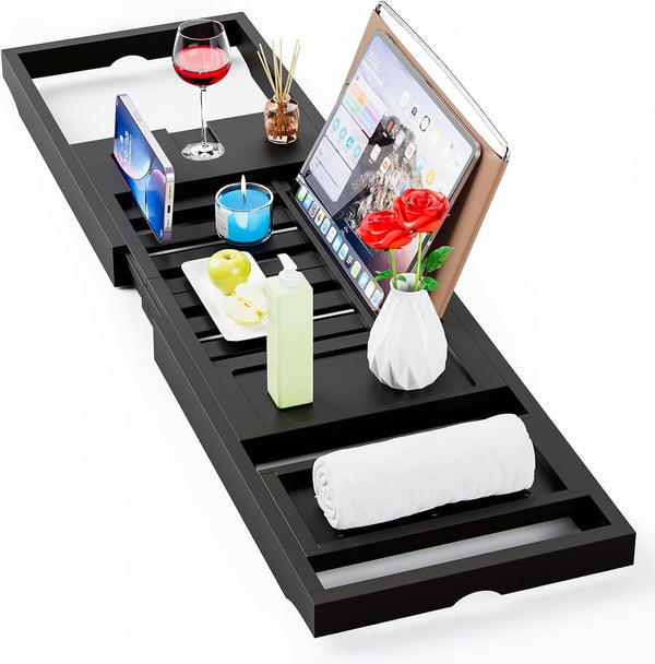 Foldable Bathtub Caddy, Expandable Bath Tray, Unique House Warming Gifts, New Home, Anniversary and Wedding Gifts for Couple, Black-New