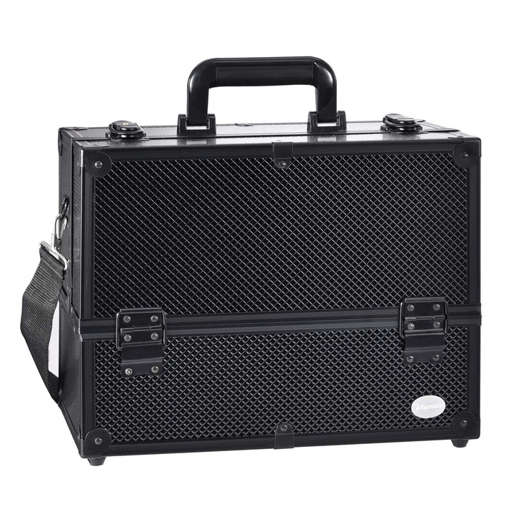 Makeup Train Case Professional Adjustable - 6 Trays Cosmetic Cases Makeup Storage Organizer Box with Lock and Compartments 14 Inch Large Black