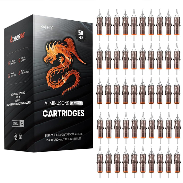 50 Assorted Tattoo Cartridge Needles Mixed Size #10 Bugpin round Liner Shader Magnum - 5 Pcs Each of 5RL, 7RL, 9RL, 11RL, 5RS, 9RS, 15M1, 21M1, 15RM, 21RM Pro Disposable Membrane Tattoo Needles