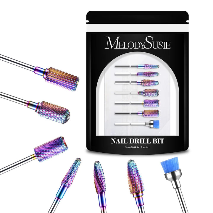 Nail Drill Bits Set, 7Pcs Tungsten Carbide Diamond Nail Drill Bits for Acrylic Nails Poly Gel Cuticle Remove, 3/32'' Professional Nail Bits for Nail Drill Efile, Manicure Pedicure Tools