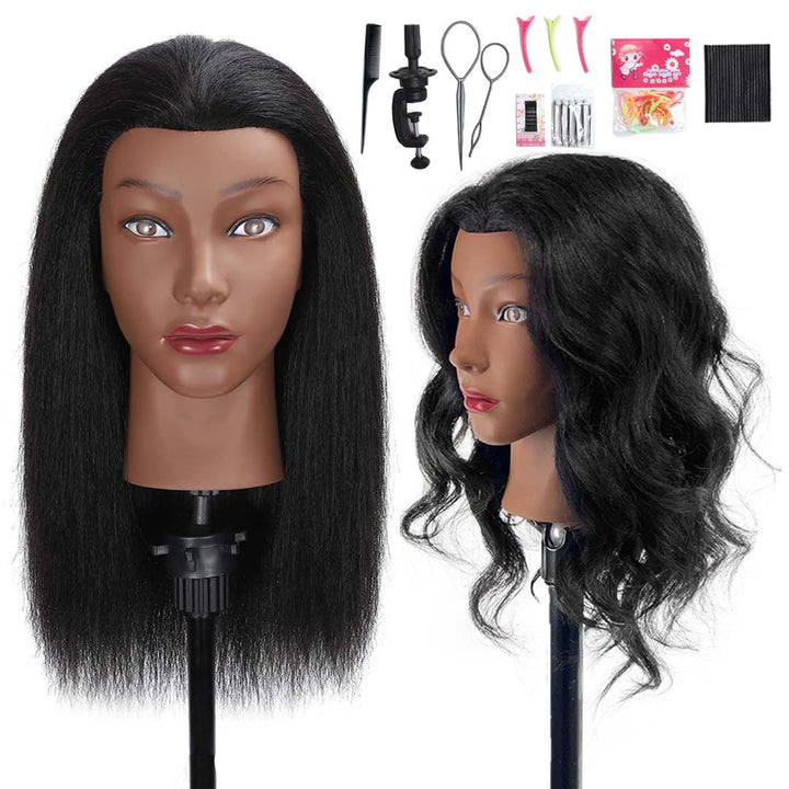 18"  Mannequin Head Human Hair with Tripod Set, 100% Real Hair Cosmetology Manikin Doll Head for Hairdresser Practice Braiding with Tripod Set and Tools