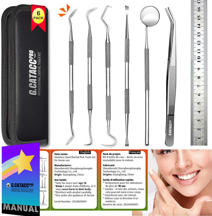 Dental Tools, Dental Pick Teeth Cleaning Tools Hygiene Kit, Plaque Remover for Teeth, Professional Stainless Steel Tooth Scraper Plaque Tartar Cleaner - with Case
