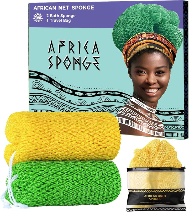 African Net Sponge Authentic - 2 Pieces Loofah Exfoliating Body Scrubber Bath Sponge - Back Scrubber Washcloth for Shower - Real African Scrub Exfoliator Body Care Bathing Accessories for Women