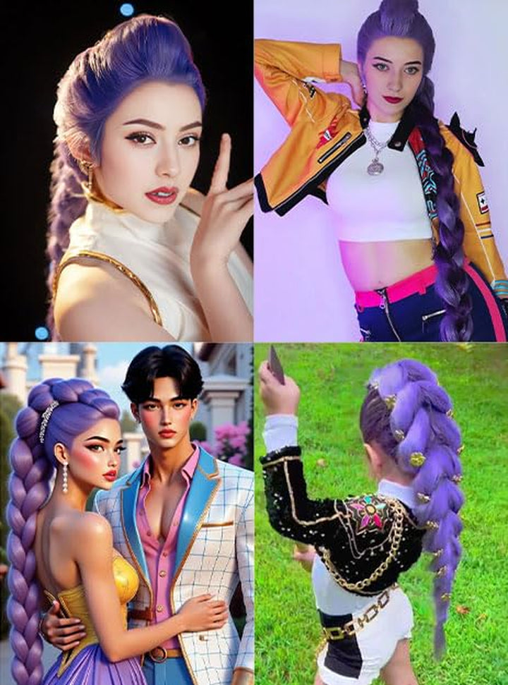 4 Packs 24 Inch Synthetic Braiding Hair Extensions, Purple Pre-Stretched Braiding Hair for Girls for Box Braids, Halloween Cosplay Party