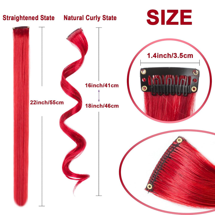 Red and Blue Hair Extensions Clip In,10 PCS Curly Wavy Synthetic Hairpieces Rainbow Neon Party Highlights, Colorful Hair Accessories for Girls Women 17 Inch (Red Blue)