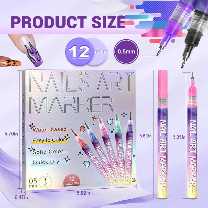 12 Color Nail Art Pens, 0.5 MM Nail Polish Pens Set Drawing Painting Point Liner Acrylic Painted Pen Kit, Waterproof and Quick-Drying Nail for DIY Nails Art Design Manicure Tools