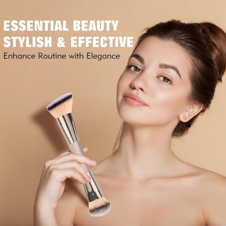 Dual-Ended Foundation Brush: round & Angled Pro-Grade Makeup Brushes, 100% Vegan Synthetic Makeup Brush for Flawless Blending and Application of Liquid, Powder, Cream, Blush
