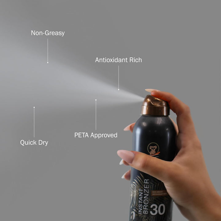 Continuous Spray Sunscreen with Instant Bronzer SPF 30, Immediate Glow & Dries Fast Water Resistant Nongreasy Oxybenzone Free Cruelty Free, Bronzer New, Orange, 6 Oz