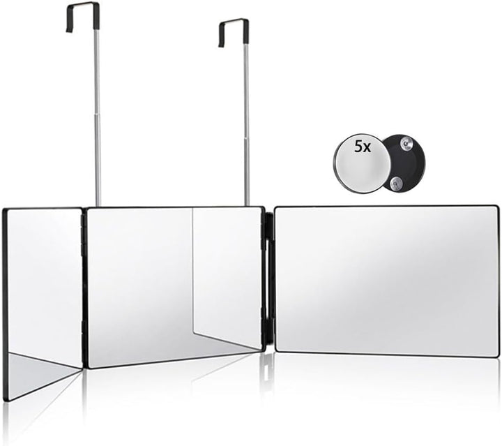 3 Way Mirror for Hair Cutting,360 Trifold Mirror with Height Adjustable Telescoping Hooks,And 5X Magnification,For Makeup, Hair Styling