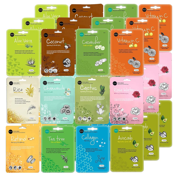 Celavi Essence Facial Sheet Face Mask Variety Set Classic Authentic Korean Moisturizing Skincare (12-Packs)