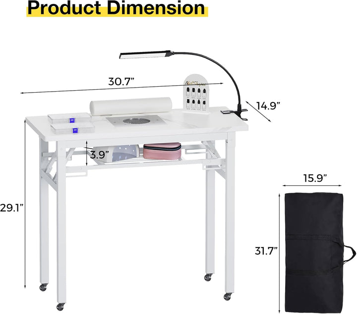 Portable & Foldable Manicure Table W/Dust Collector, Rolling Nail Tech Desk W/Led Light Lamp, Wrist Cushion, Lockable Wheels, Carrying Case, for Home Travel Beauty Salon Workstation (Marble White)