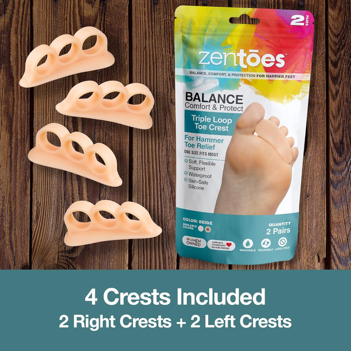 Hammer Toe Corrector for Women & Men | Triple Loop Gel Toe Spacers & Separators | Realign Bent, Crooked, Curled, Claw, Hammertoes | Soft Support for Straightening | 4 Pack, Beige
