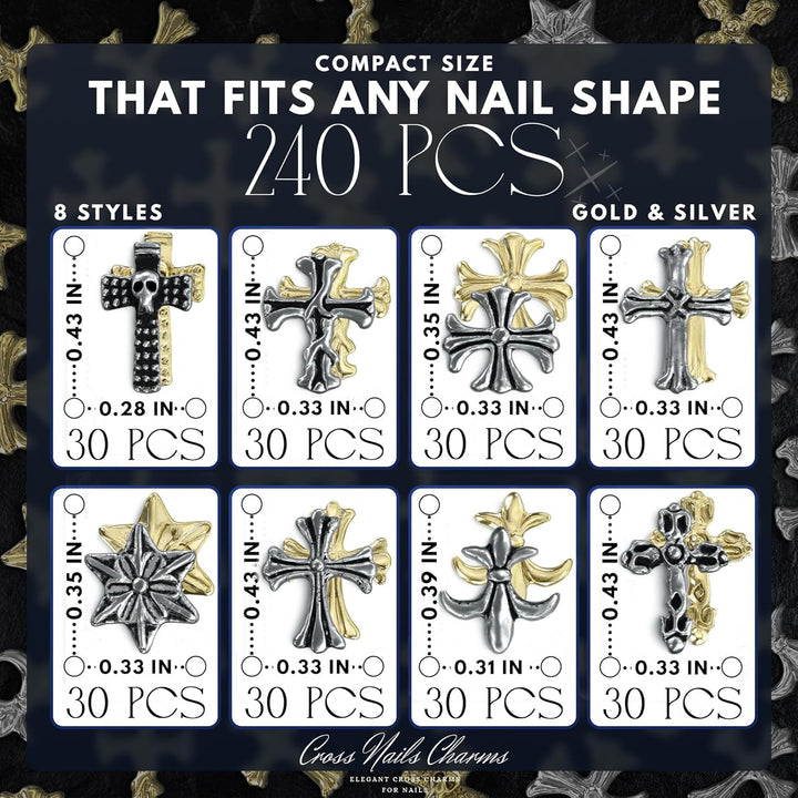 240 Pcs Silver and Gold Cross Nail Charms Bulk – 3D Silver and Gold Nail Charms Cross for DIY & Professional Manicures – Large-Pack for Creative Manicures with Shiny Crosses Accents