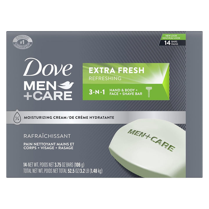 Dove Men+Care Bar 3 in 1 Cleanser for Body, Face, and Shaving Extra Fresh 14 Bars to Clean and Hydrate Skin Body and Facial Cleanser Mandarin Citrus, Patchouli, and Rosemary Scent 3.75 Oz