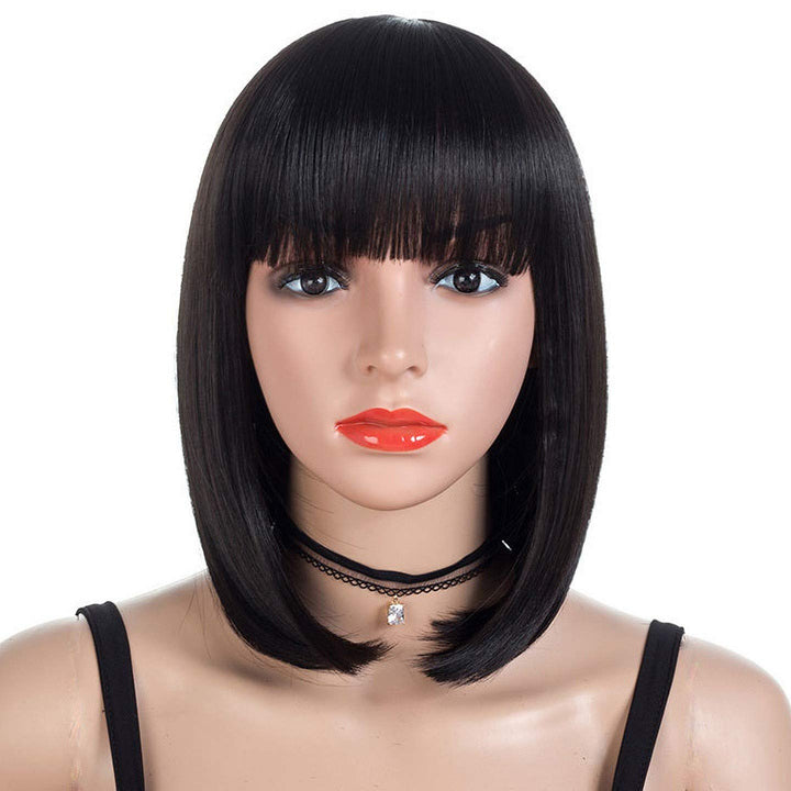 Short Straight Bob Wig Heat Resistant Hair with Blunt Bangs Natural Looking Cosplay Costume Daily Wigs (14", 2# Black)