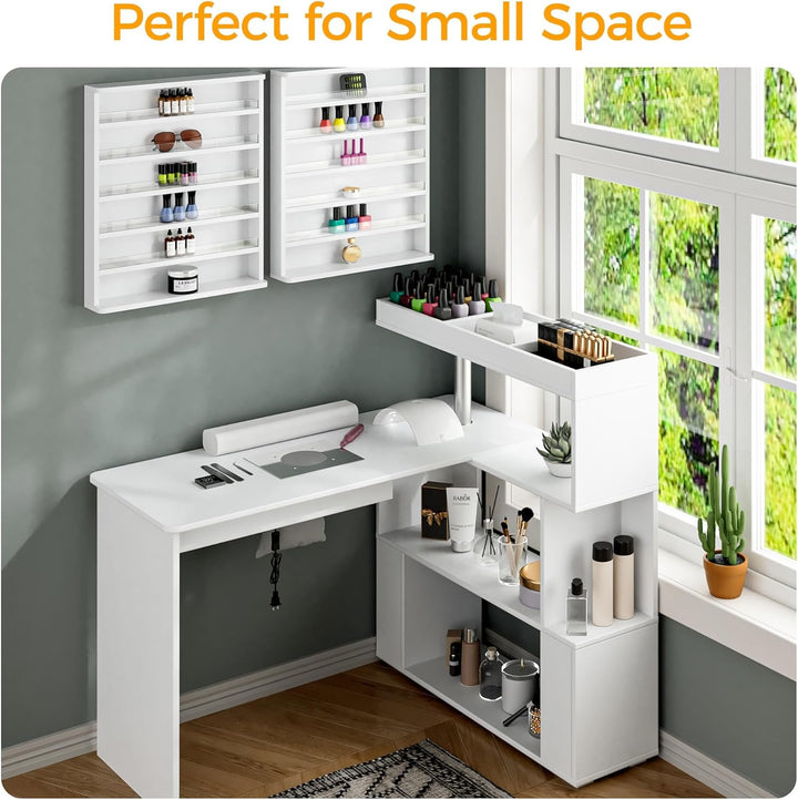 Manicure Table, L-Shaped Nail Tech Desk with Dust Collector, Reversible Rotating Table & Storage Shelf, Acetone Resistant Beauty Salon Station, White