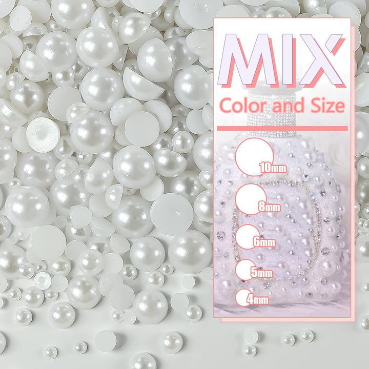 51G White Half Pearls for Crafting 4Mm 5Mm 6Mm 8Mm 10Mm Mix Sizes Pure White Flatback round Beads Charms for Nails Face Eyes Makeup Tumblers Bottles DIY Crafts Bedazzling Clothes Shoes Phones