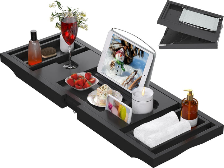 Luxury Bathtub Caddy Tray for Tub - Foldable Bamboo Bath Table Tray with Book and Wine Glass Holder, Expandable Bathroom Accessories for Spa or Reading Lite Style