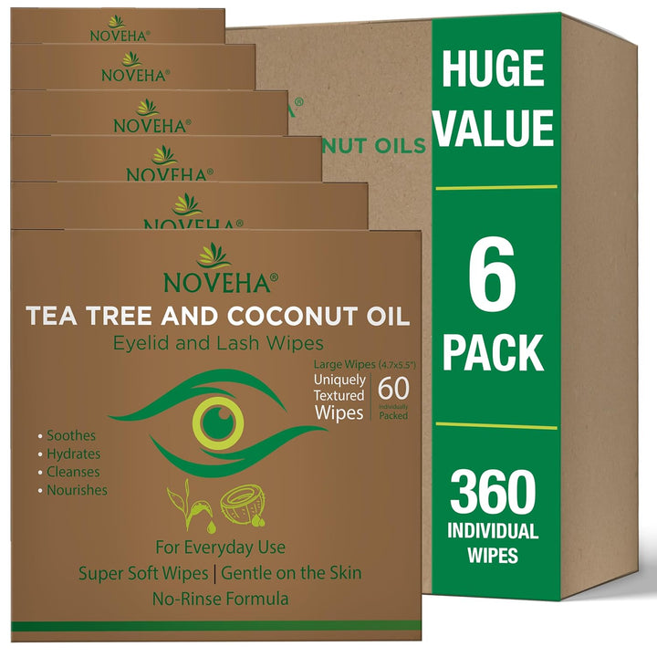 60Pcs Tea Tree & Coconut Oil Eyelid & Lash Wipes - for Demodex, Blepharitis & Itchy Eyes, Individually Wrapped Eyelash Wipes with Aloe Vera, Natural Makeup Remover & Daily Eye Cleanser