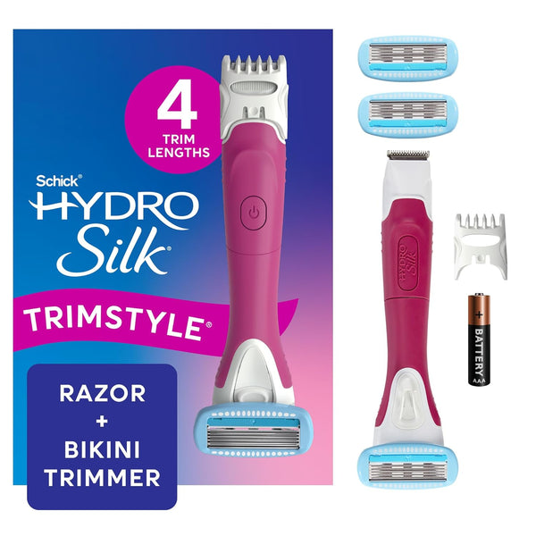 Trimstyle Razor with Bikini Trimmer for Women | 2-In-1 Bikini Razor for Women and Womens Trimmer for Pubic Hair, Includes 1 Waterproof Handle, 3 Refills & 1 AAA Battery