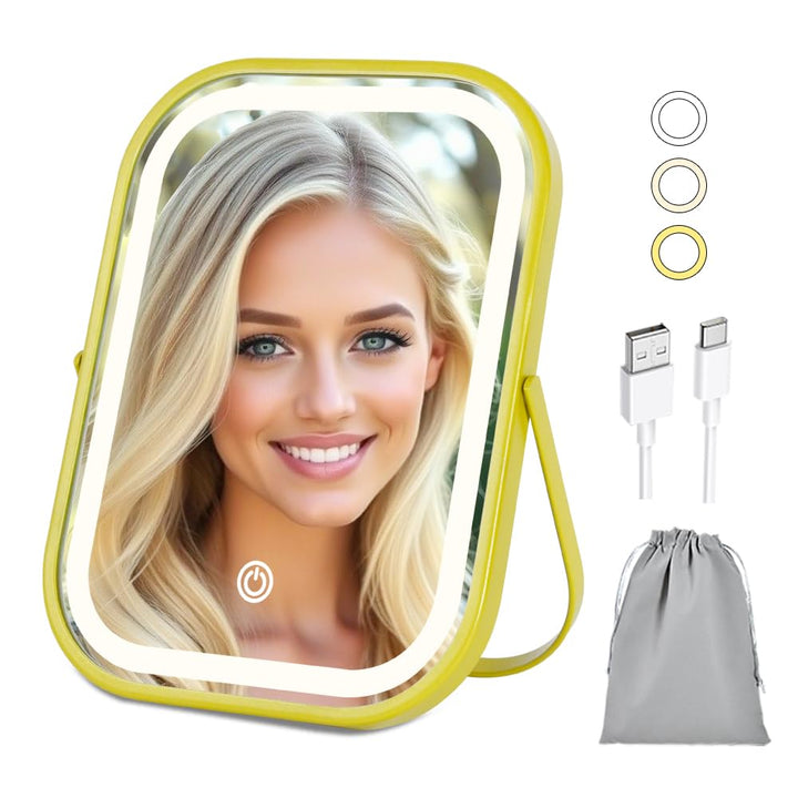 Travel Makeup Mirror with Lights, Portable Small Beauty LED Vanity Mirror with Lights, 1200Mah Battery, Dimmable Touch Screen, Tabletop Folding Compact Mirror,Women Gift