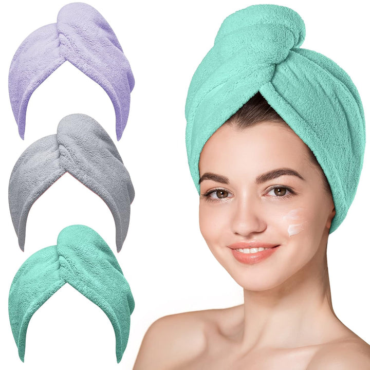 Microfiber Hair Towel,Turbans for Drying Wet Hair, anti Frizz Hair Wrap Towels for Curly Hair Women (Blue,Grey,Pink) , 3 Packs