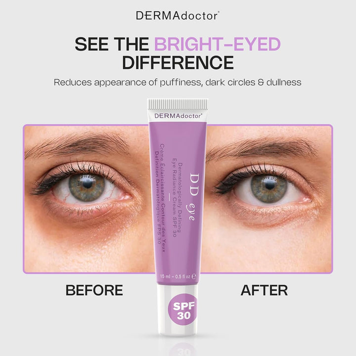 DD Caffeine Eye Cream for Dark Circles, Illuminator, anti Aging, Eye Cream with SPF 30 for Puffiness, Bags under Eyes, Defining Radiance under Eyes Cream; Dermatologist Formulated - 0.5 Oz